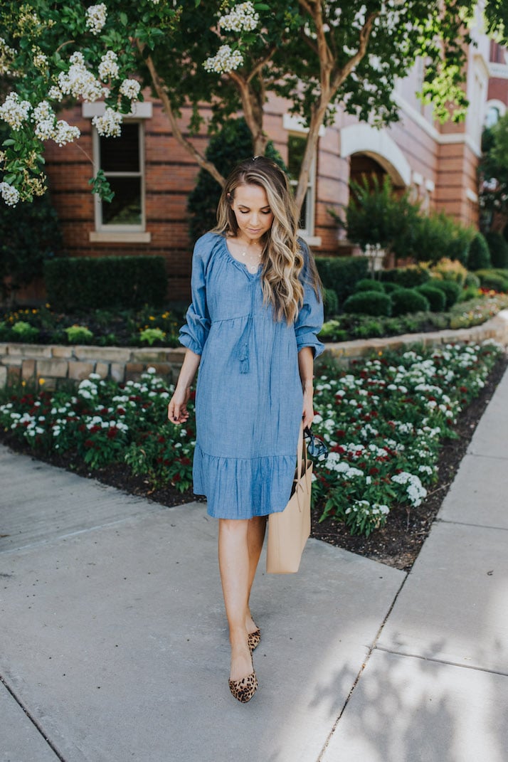 chambray dress and leopard flats