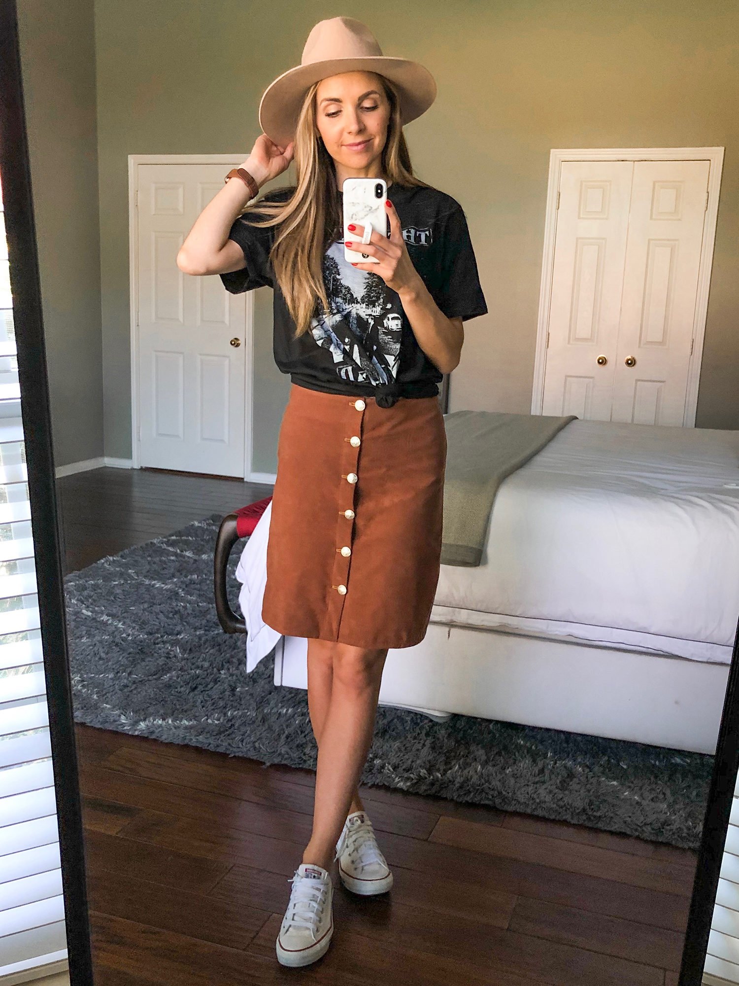 graphic tee and suede skirt