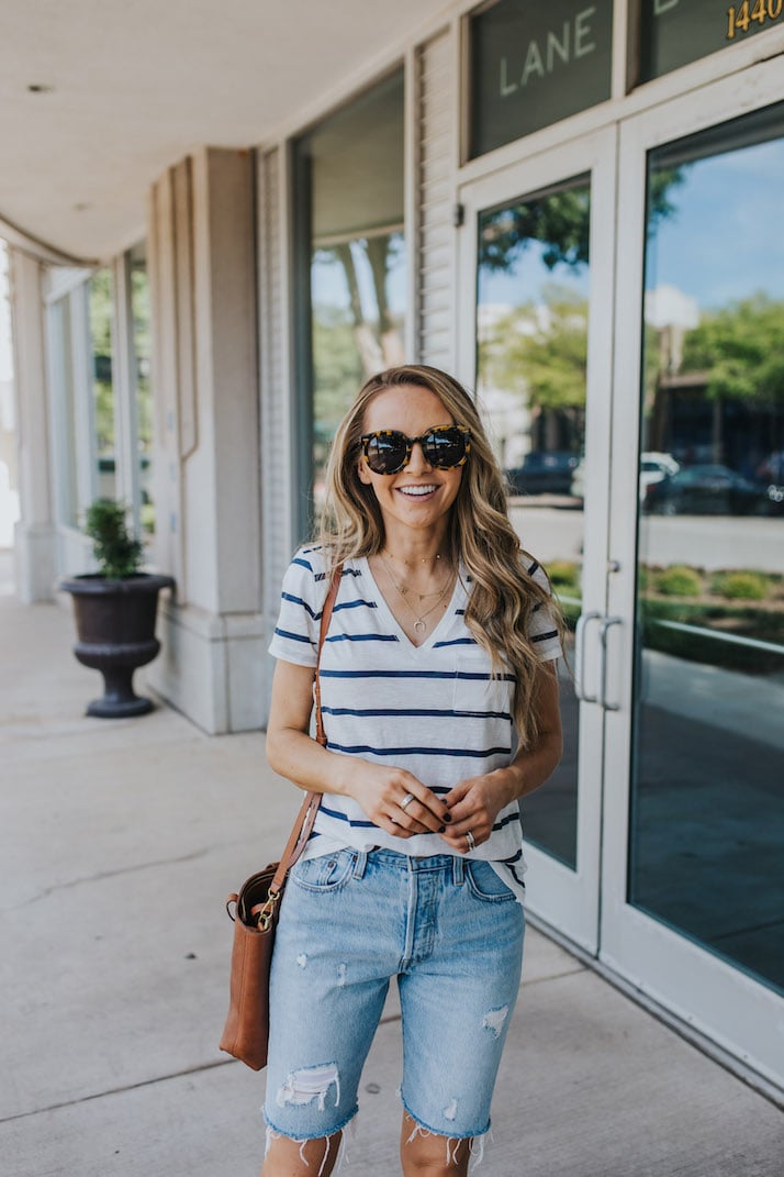 striped tee and bermuda shorts outfit