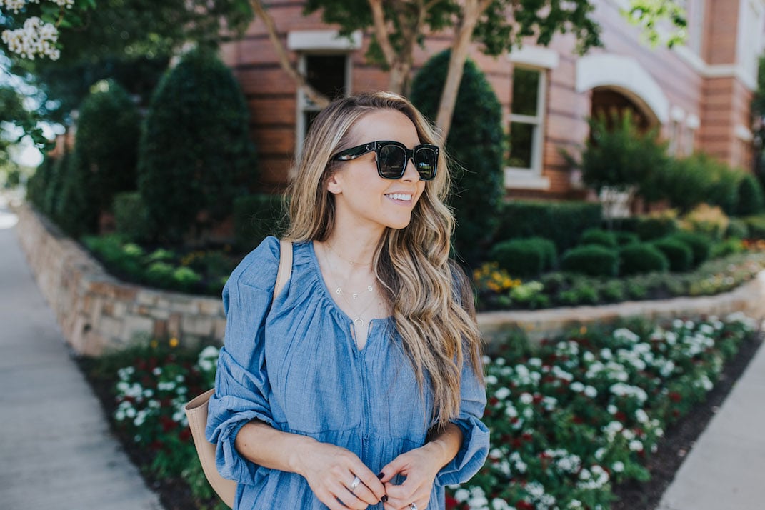black sunglasses and chambray dress from walmart
