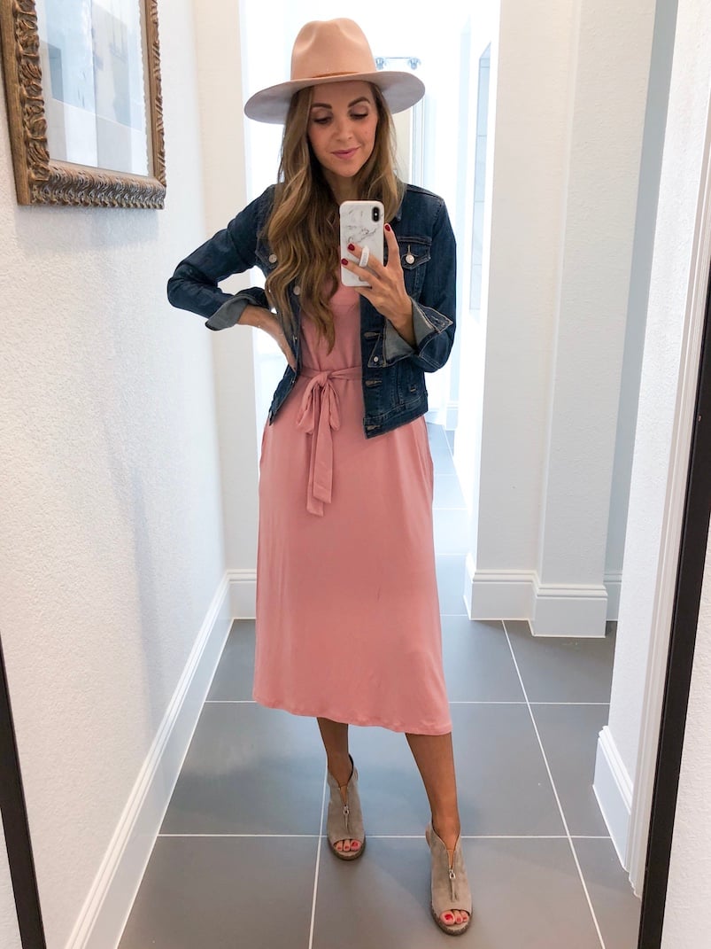 Merrick White Anywhere Dress Pink dress with denim jacket
