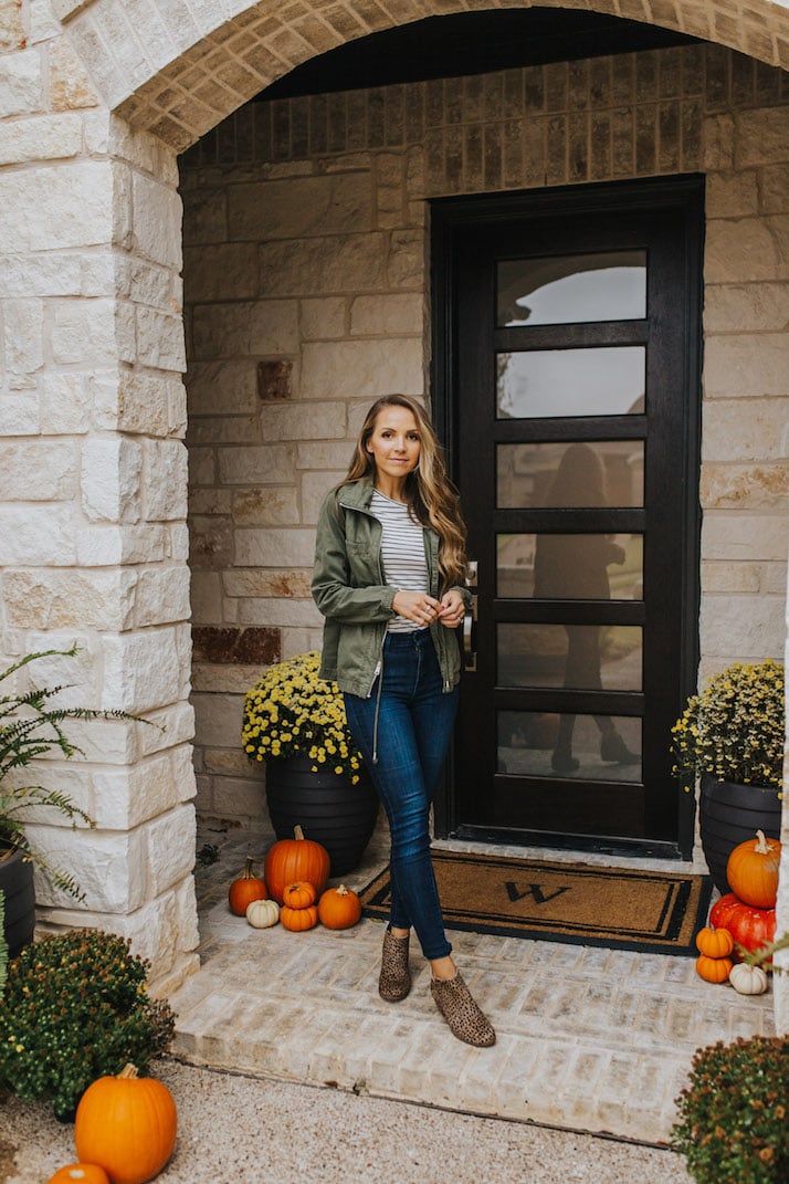 leopard ankle boots with olive jacket and striped tee