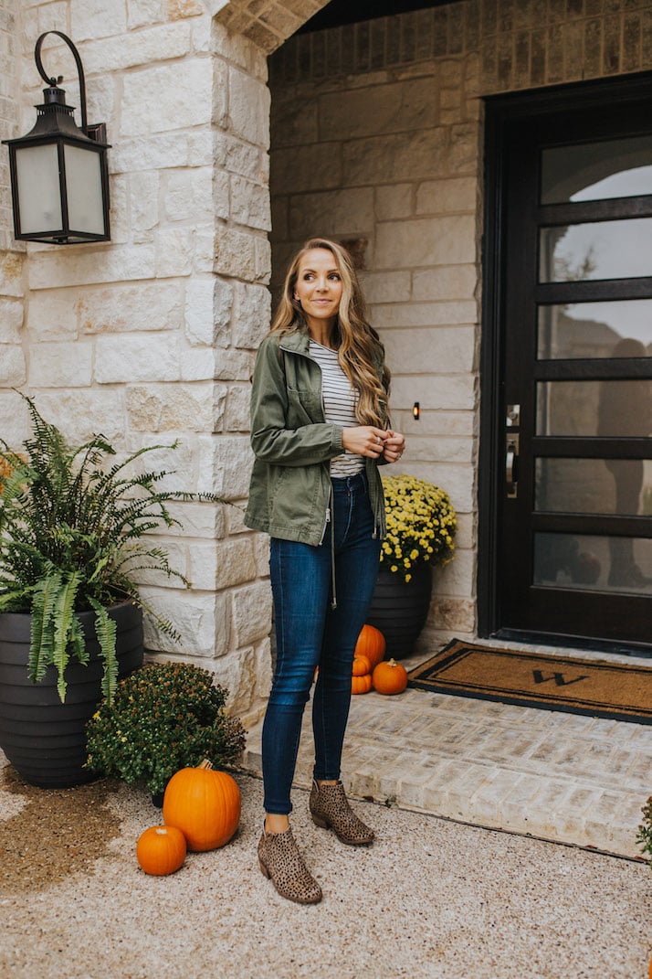 olive jacket striped tee and leopard booties