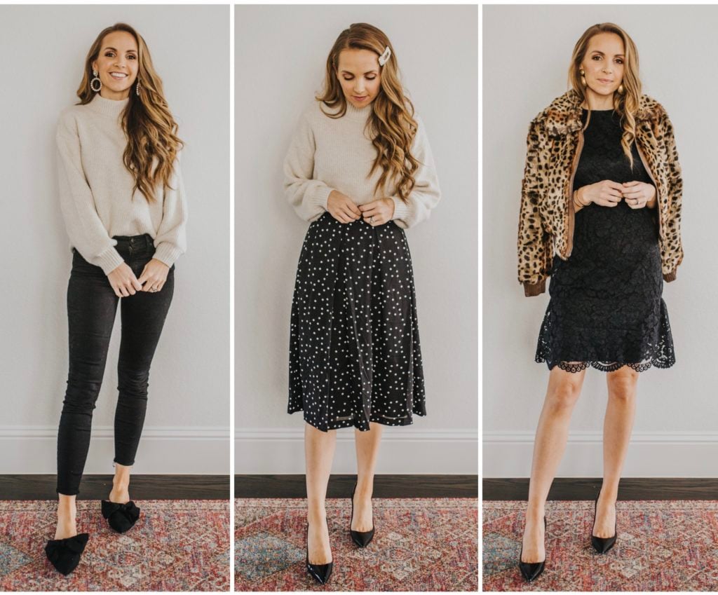 three holiday outfits white black and leopard