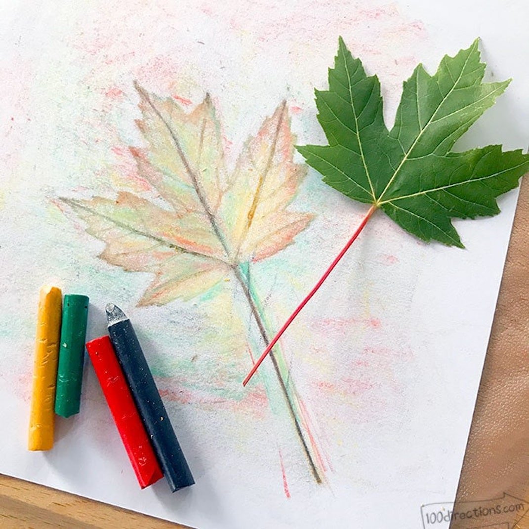 leaf rubbing image with crayons