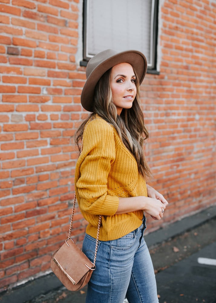 felt fedora hat and sweater