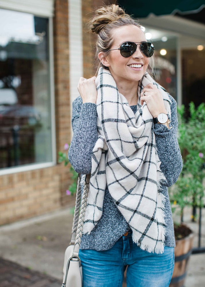white plaid scarf and sunglasses