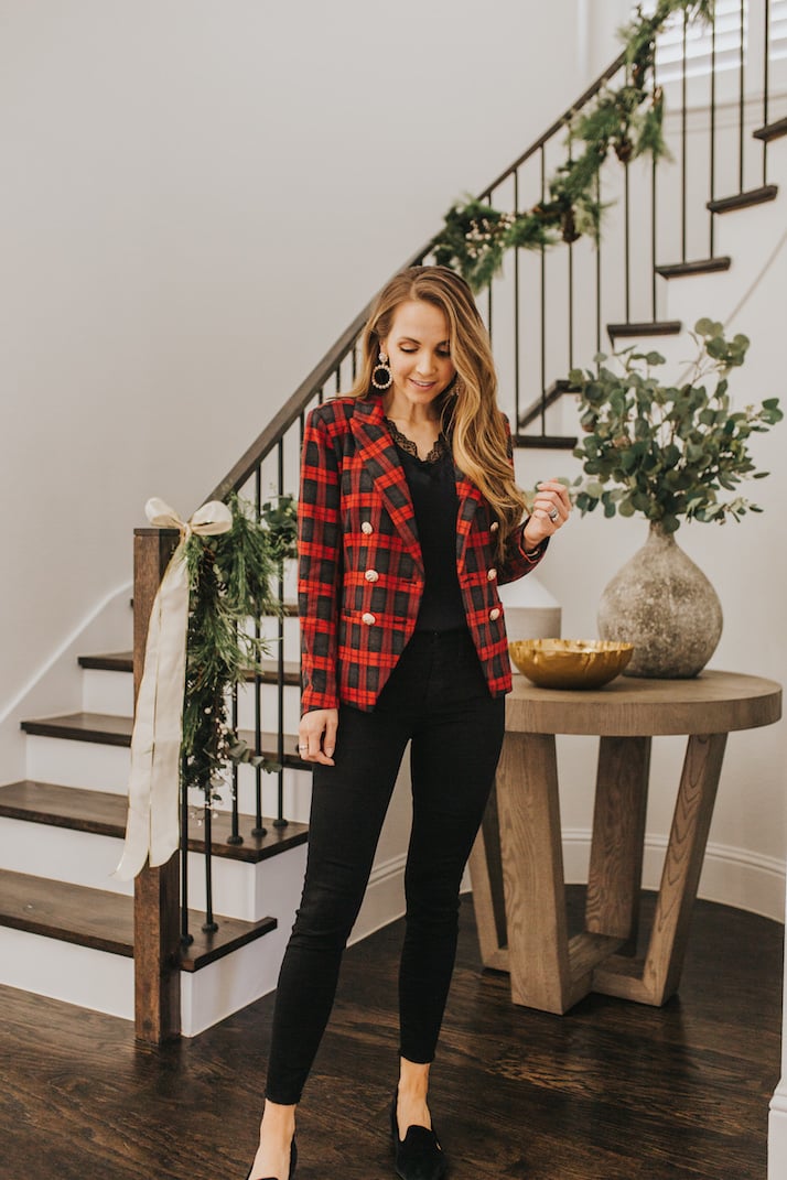 red plaid blazer with black jeans