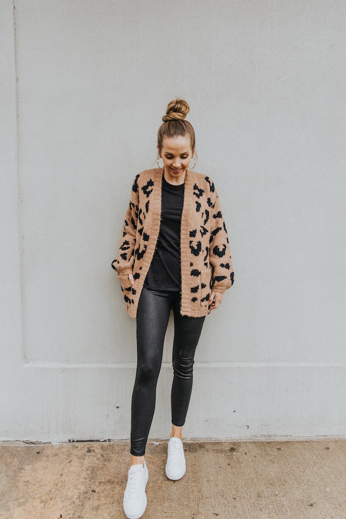 leather leggings with leopard cardigan