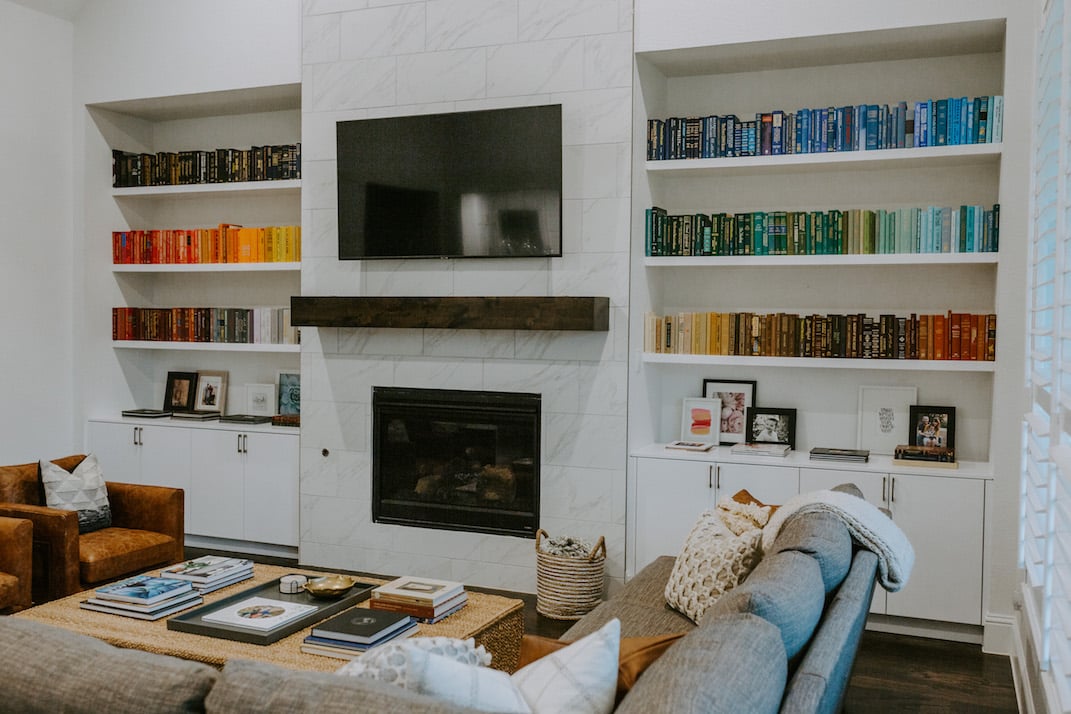 living room horizontal with rainbow bookshelf
