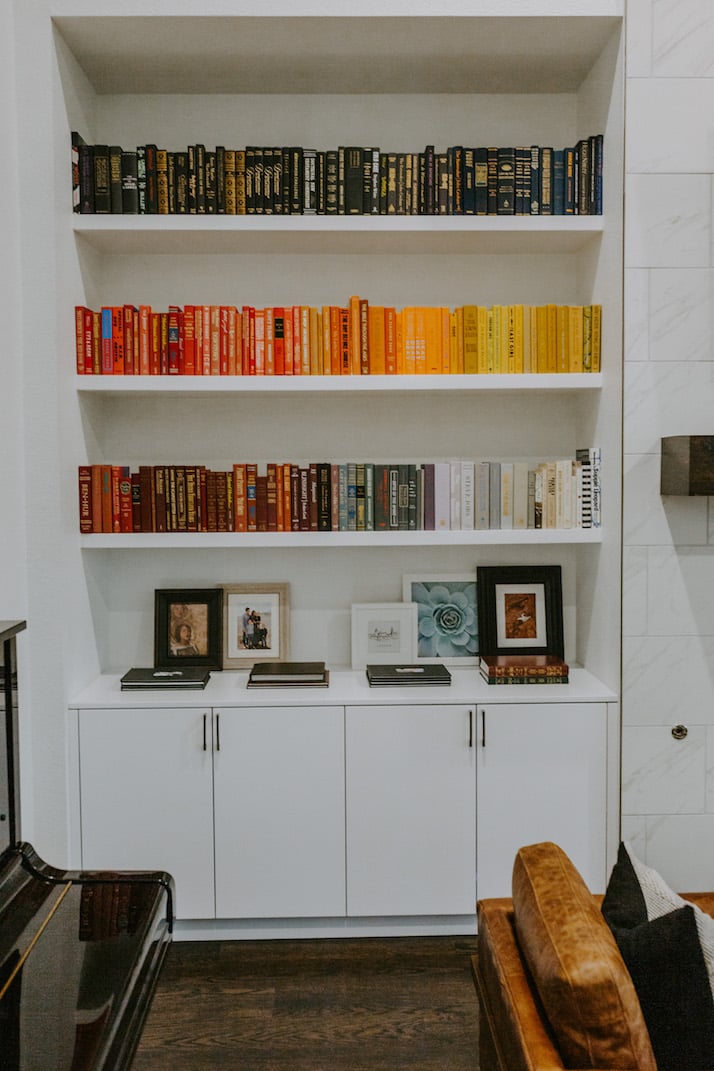 red and yellow rainbow bookshelf