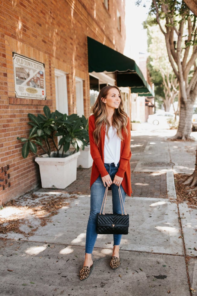 Cardigan sweater with white t-shirt and jeans