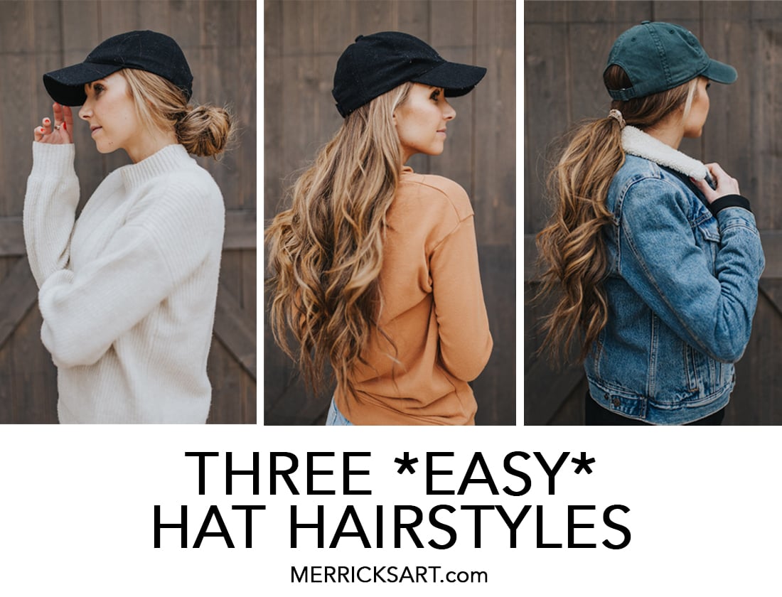 collage of hat hairstyles with baseball cap and curled hair