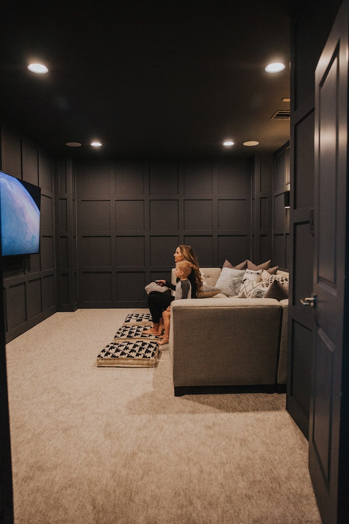 home theater room with wall paneling