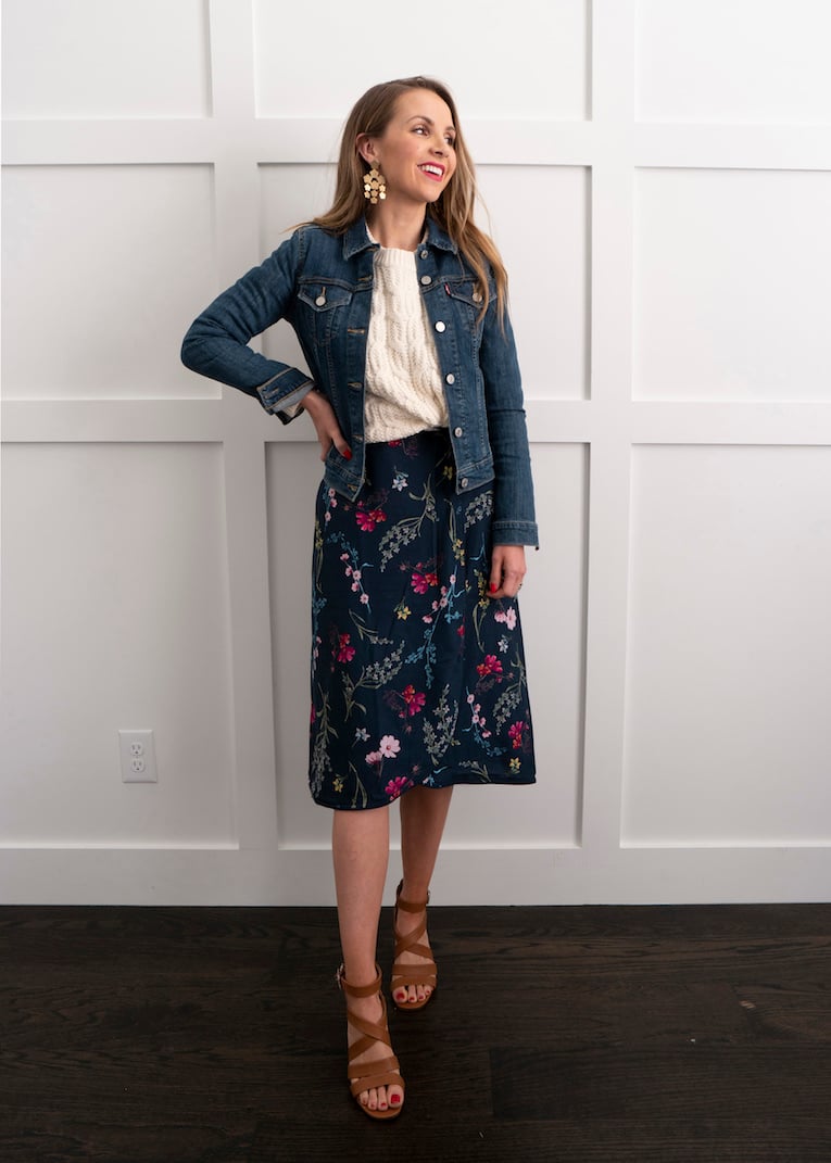 floral dress with cable knit cardigan and denim jacket