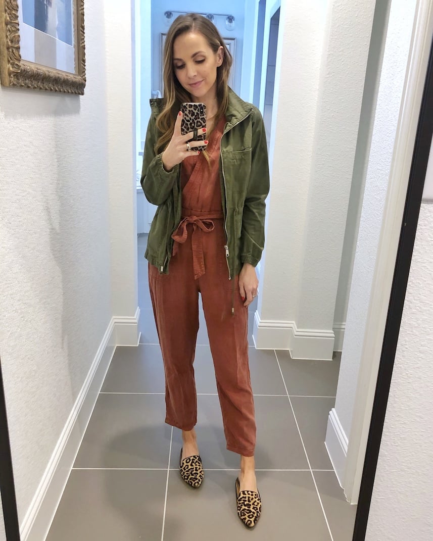 olive jacket with jumpsuit