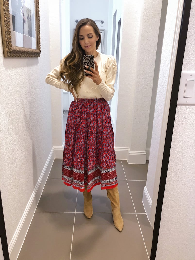 midi skirt outfit loft tiered midi skirt