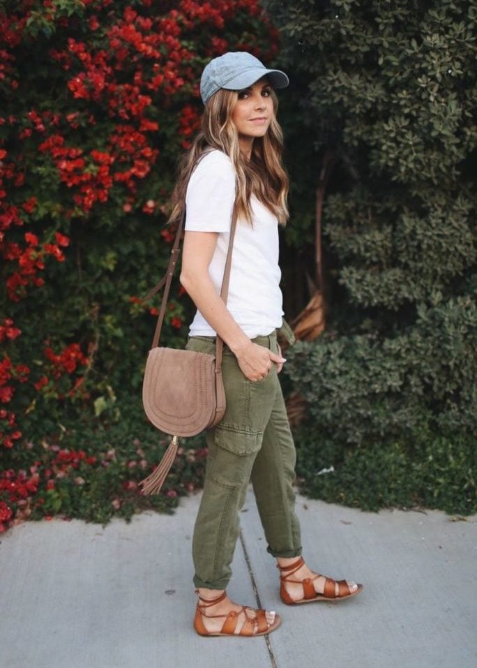 white t-shirt and olive joggers