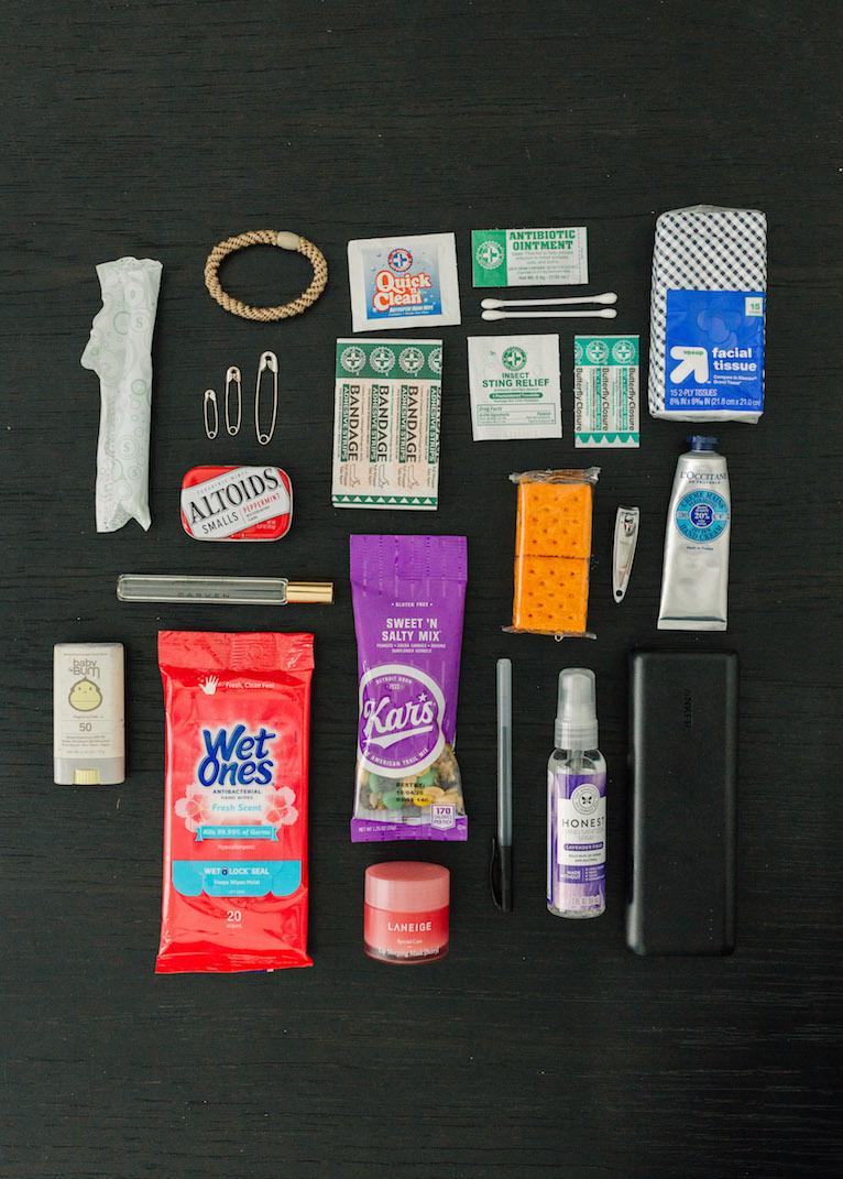 purse essentials flat lay