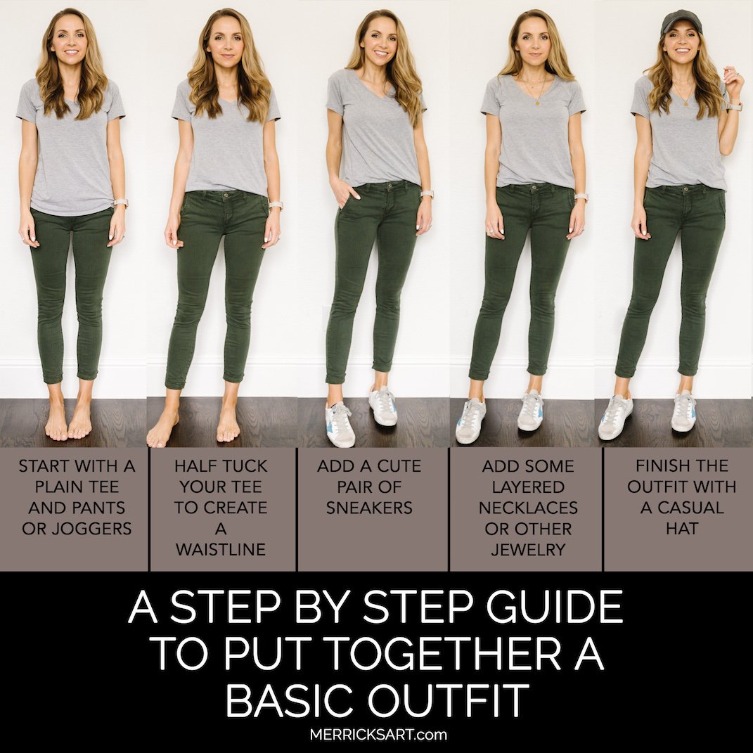 basic outfit with gray tee and olive pants