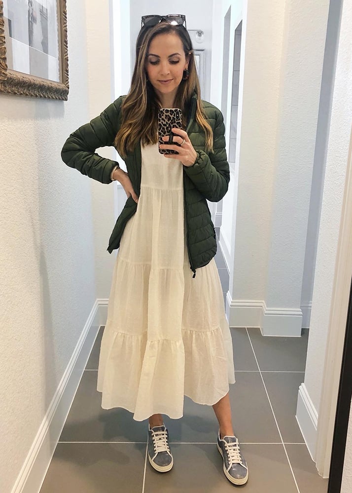 white dress and olive jacket