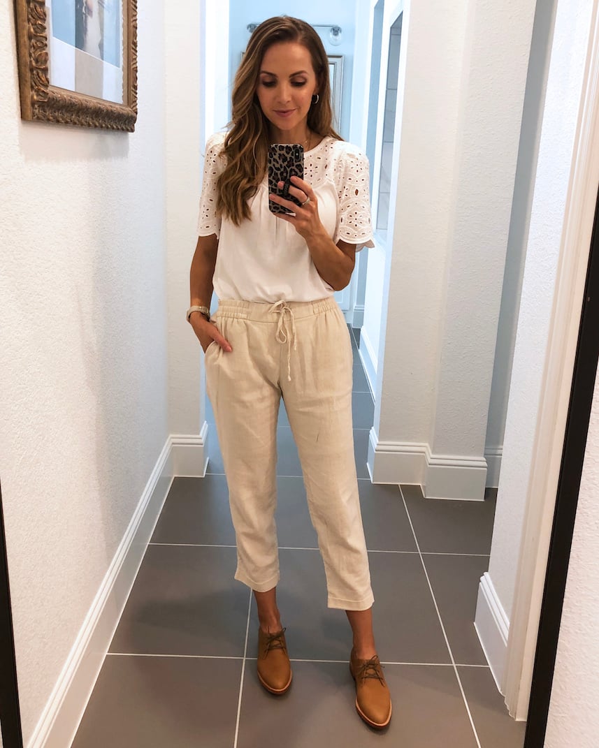 cream linen pants with white tee