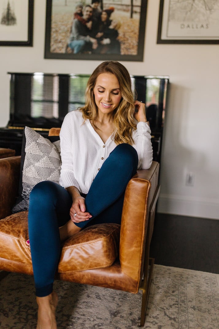 blue leggings and white henley top stay at home