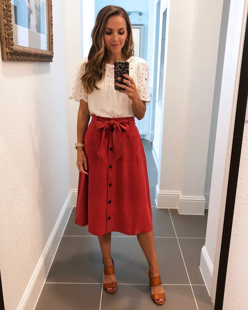 eyelet top and pink skirt