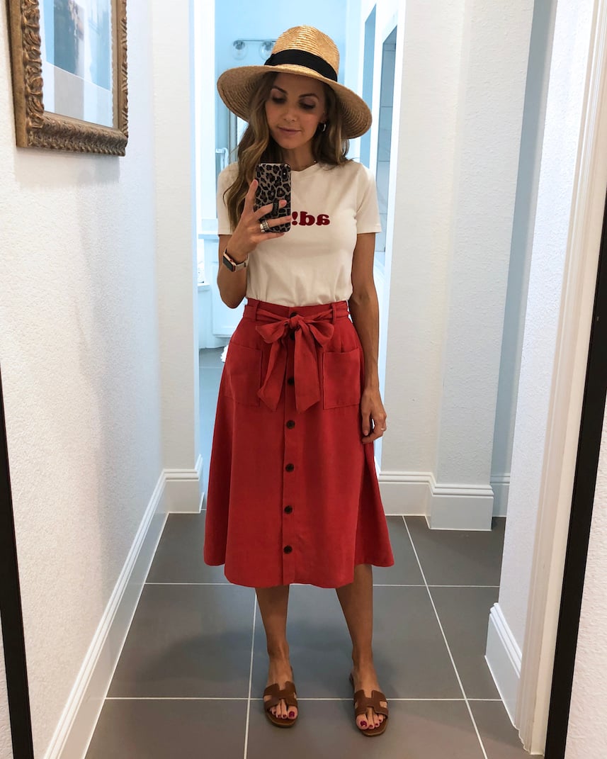 graphic tee with belted midi skirt