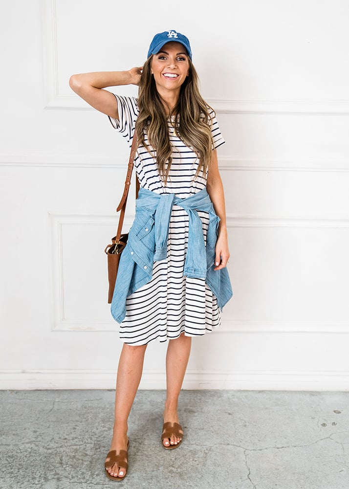 navy blue striped dress and chambray top