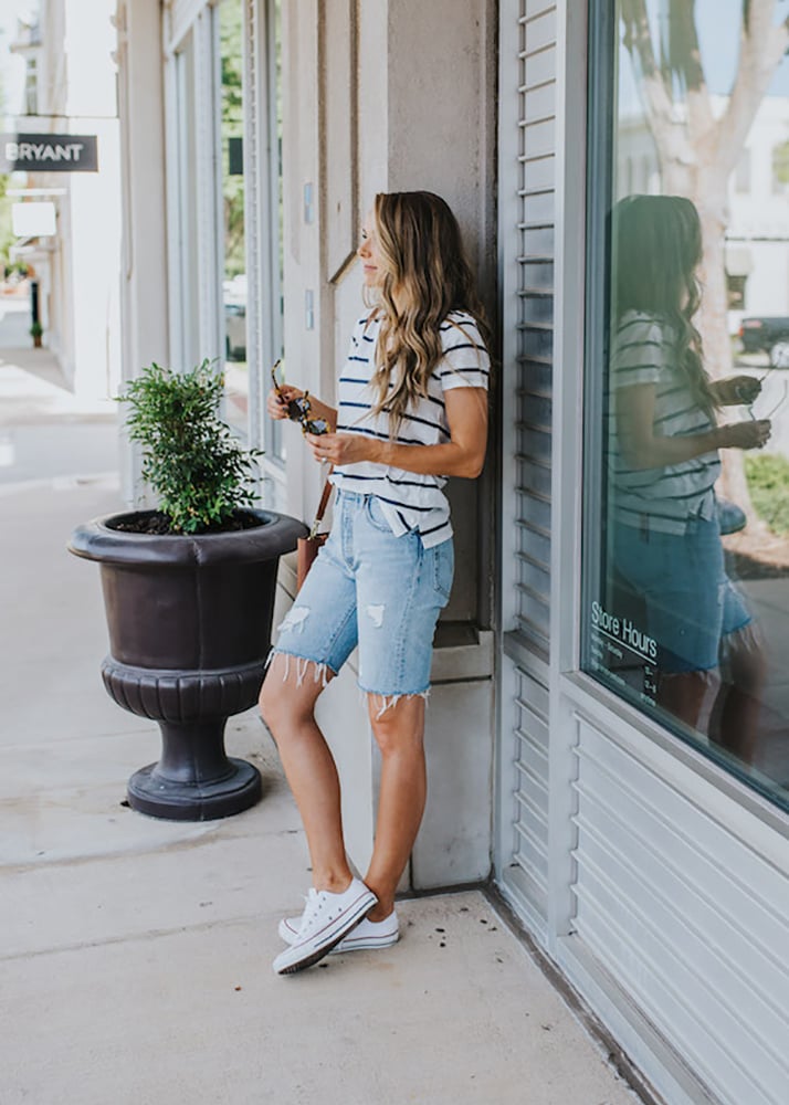 navy striped top and bermuda shorts