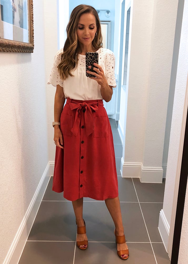 red button down skirt and white top