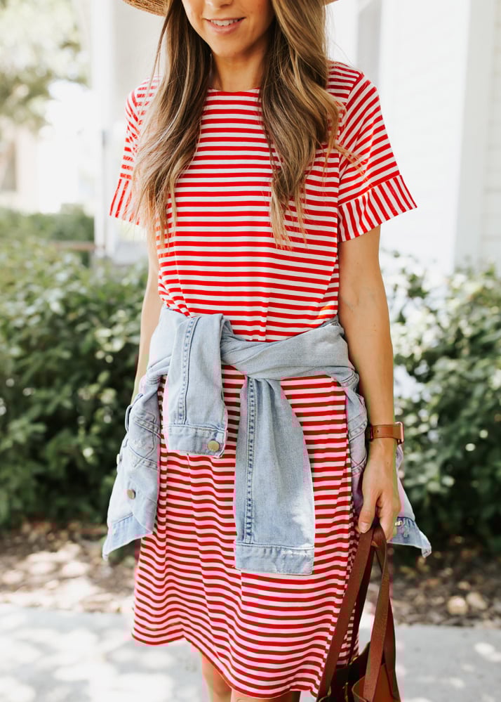 red striped dress and denim jacket
