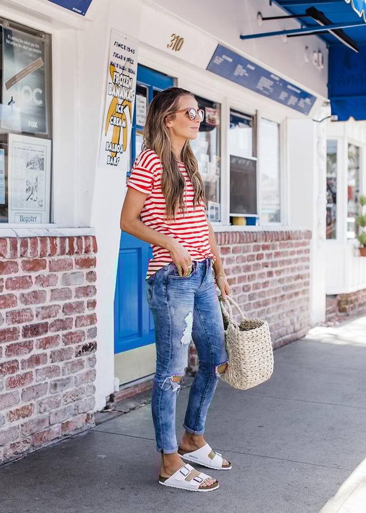 red striped tshirt and jeans