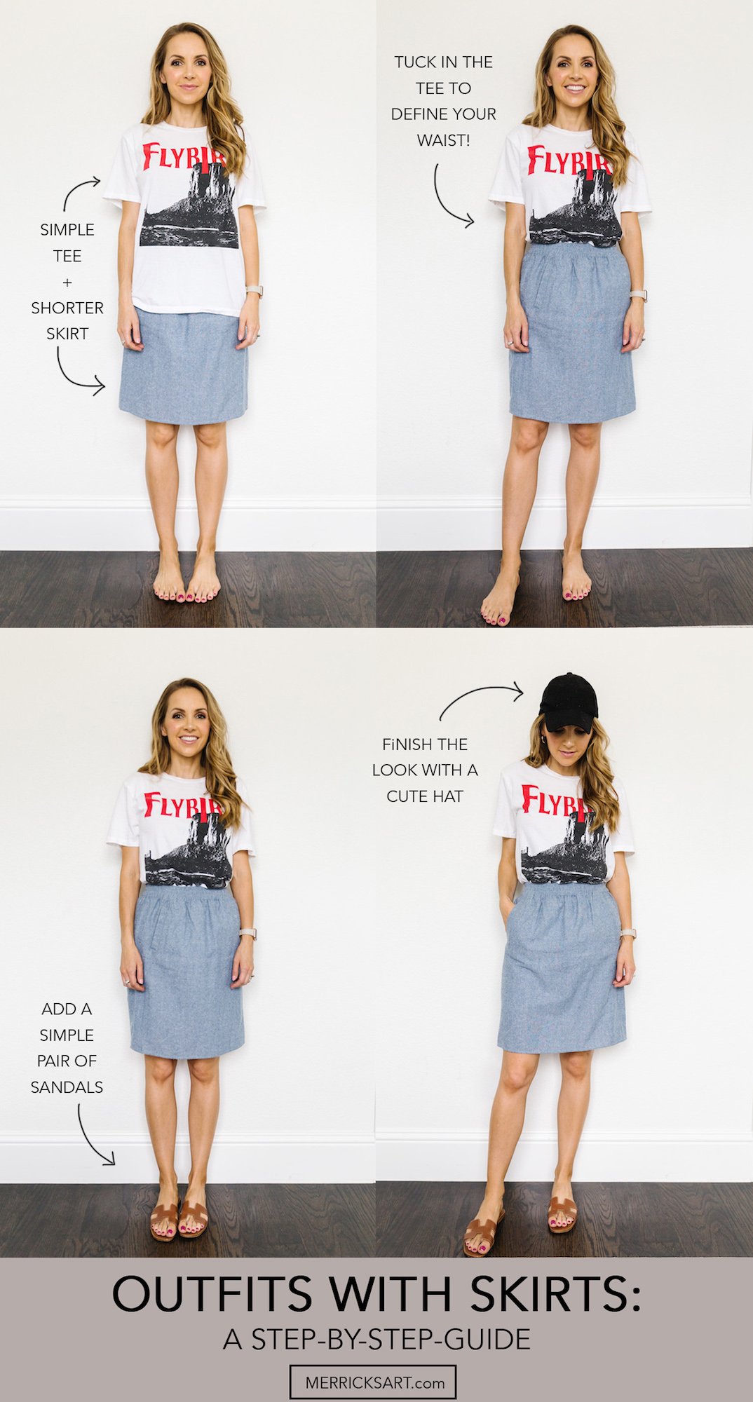 collage of denim skirt with graphic tee