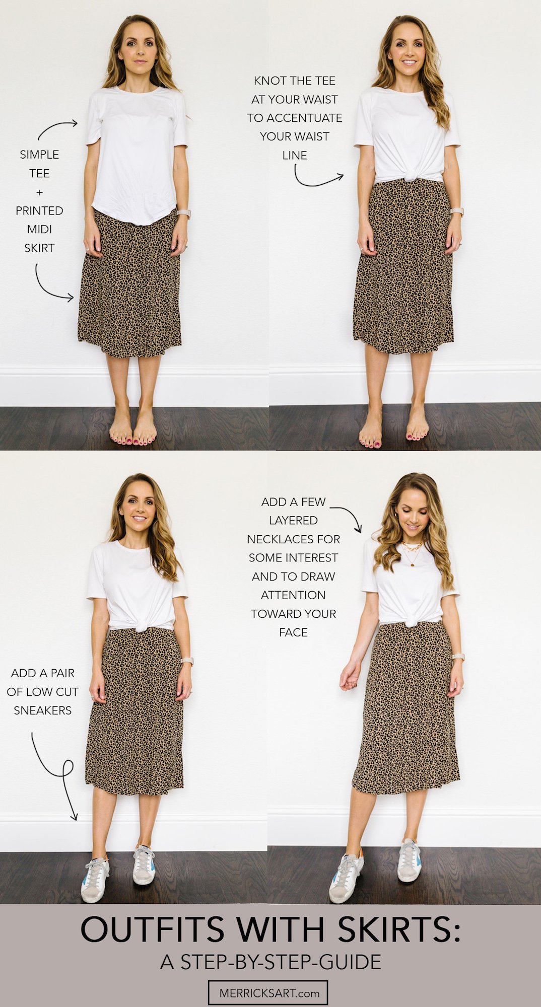 collage of outfits with leopard skirt and white