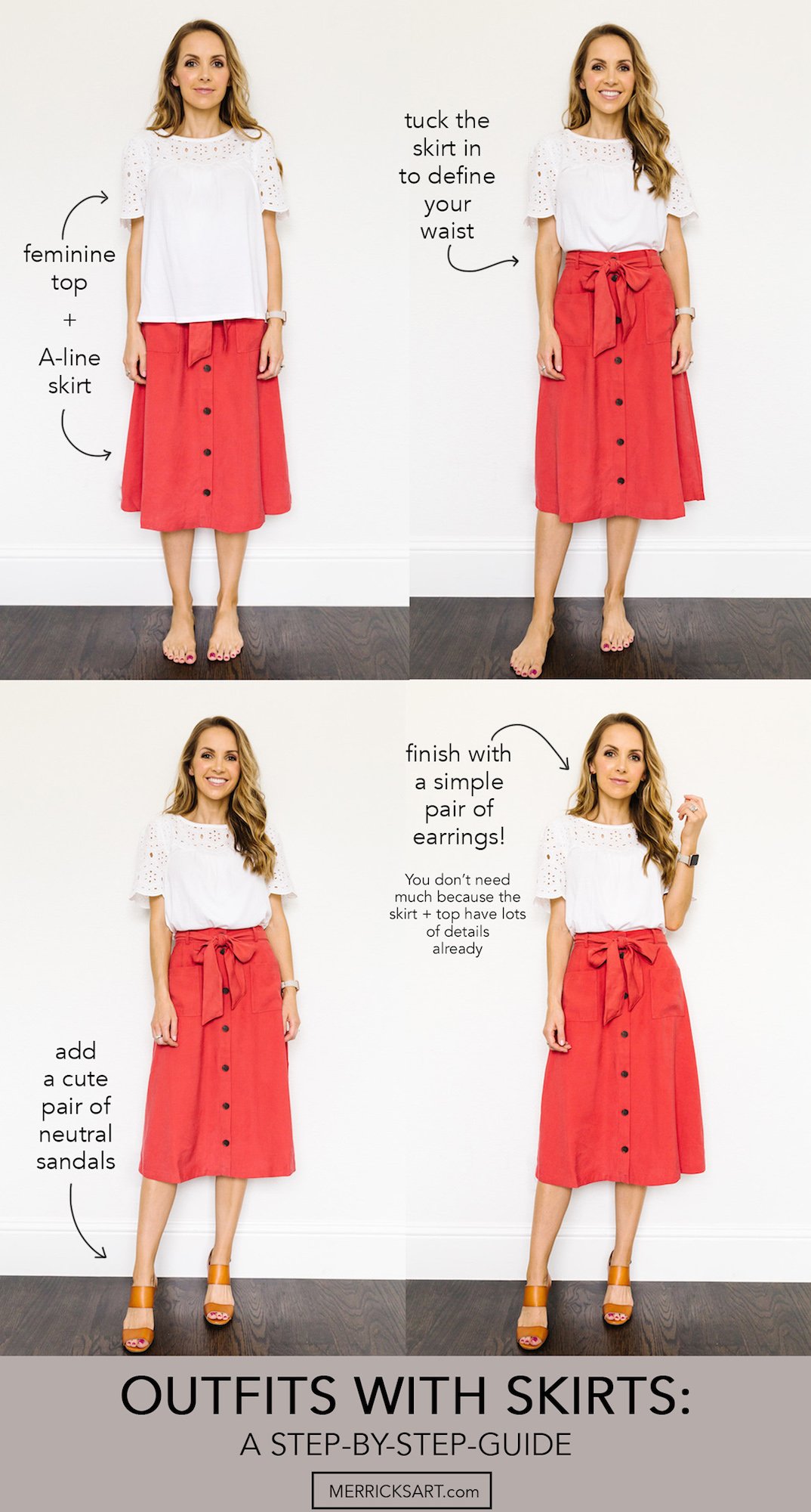 collage of red old navy skirt and eyelet top