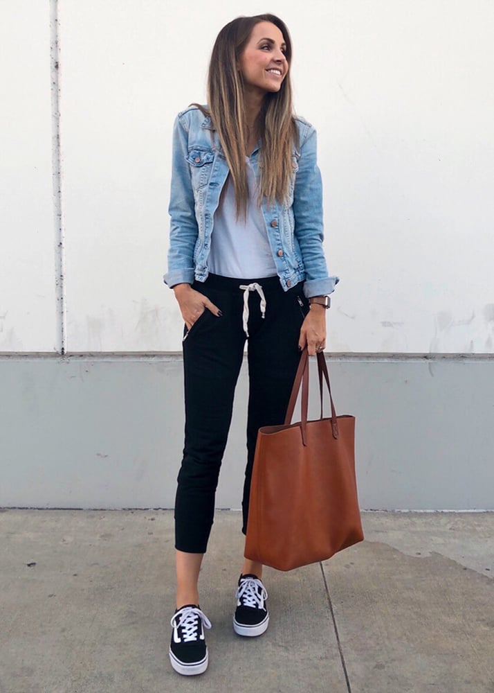 denim jacket and black joggers
