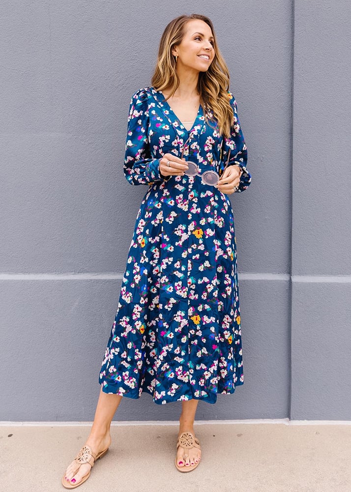 floral midi dress and sandals