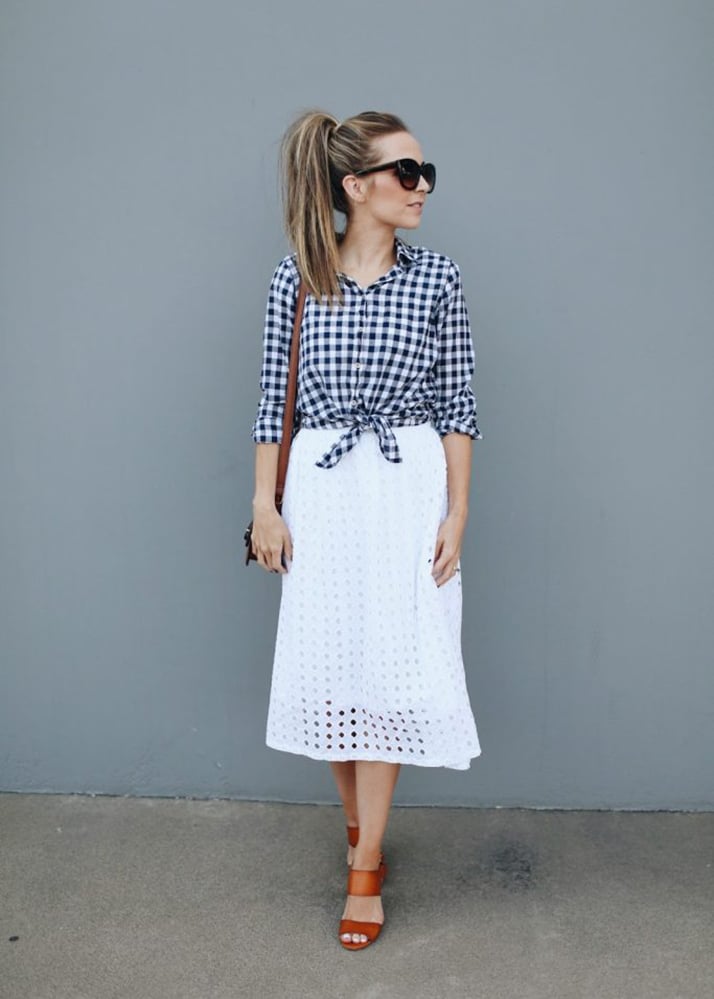 white skirt and blue gingham top