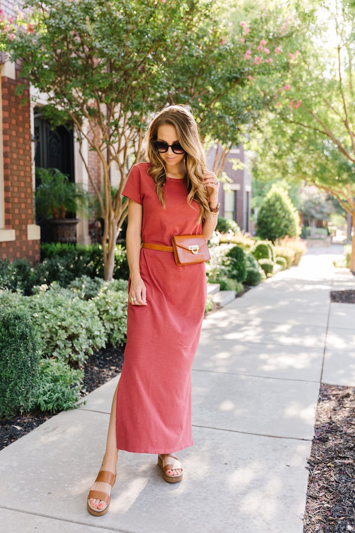 Amazon rust maxi dress with belt bag and sandals