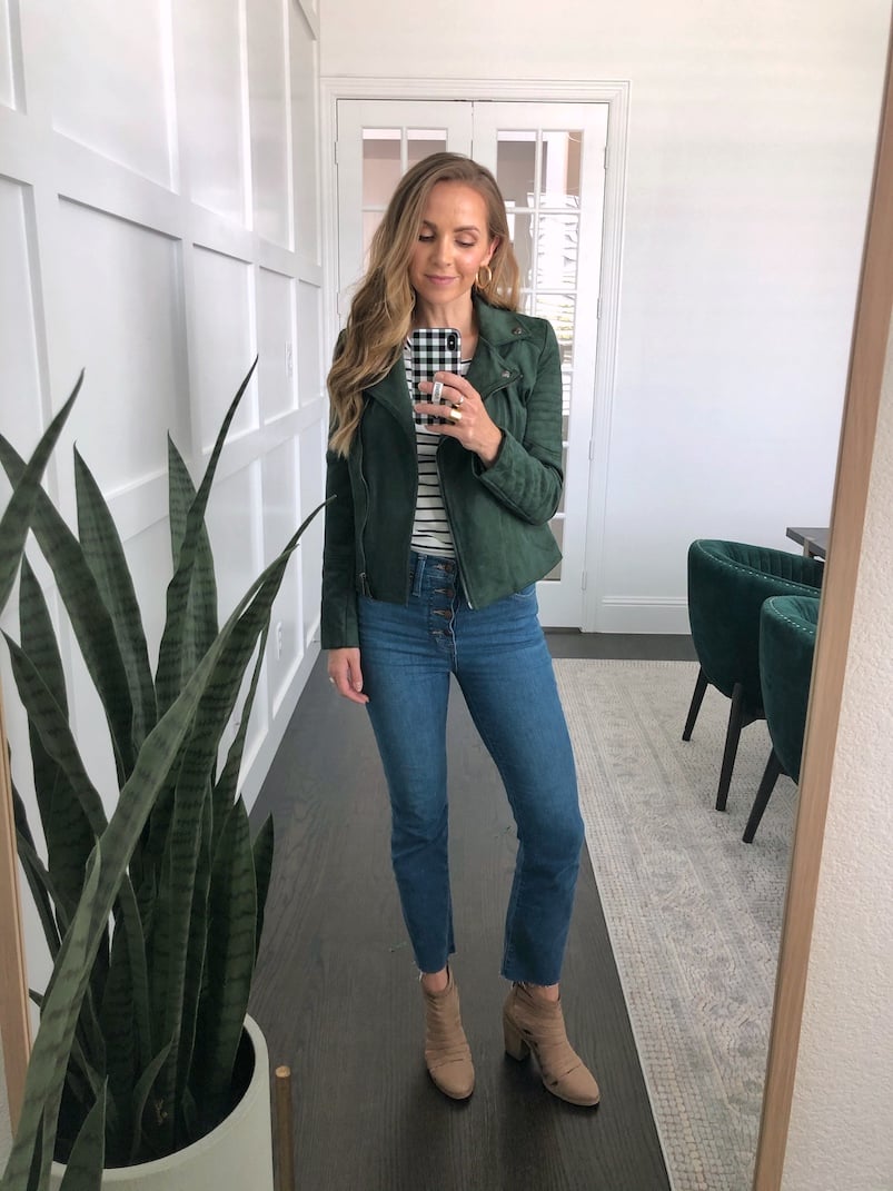 green jacket with cropped flare jeans