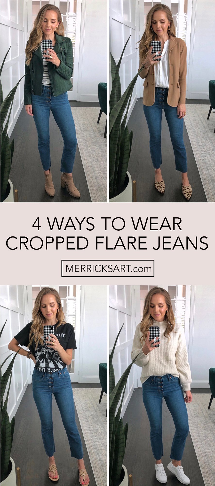 collage of cropped flare jeans