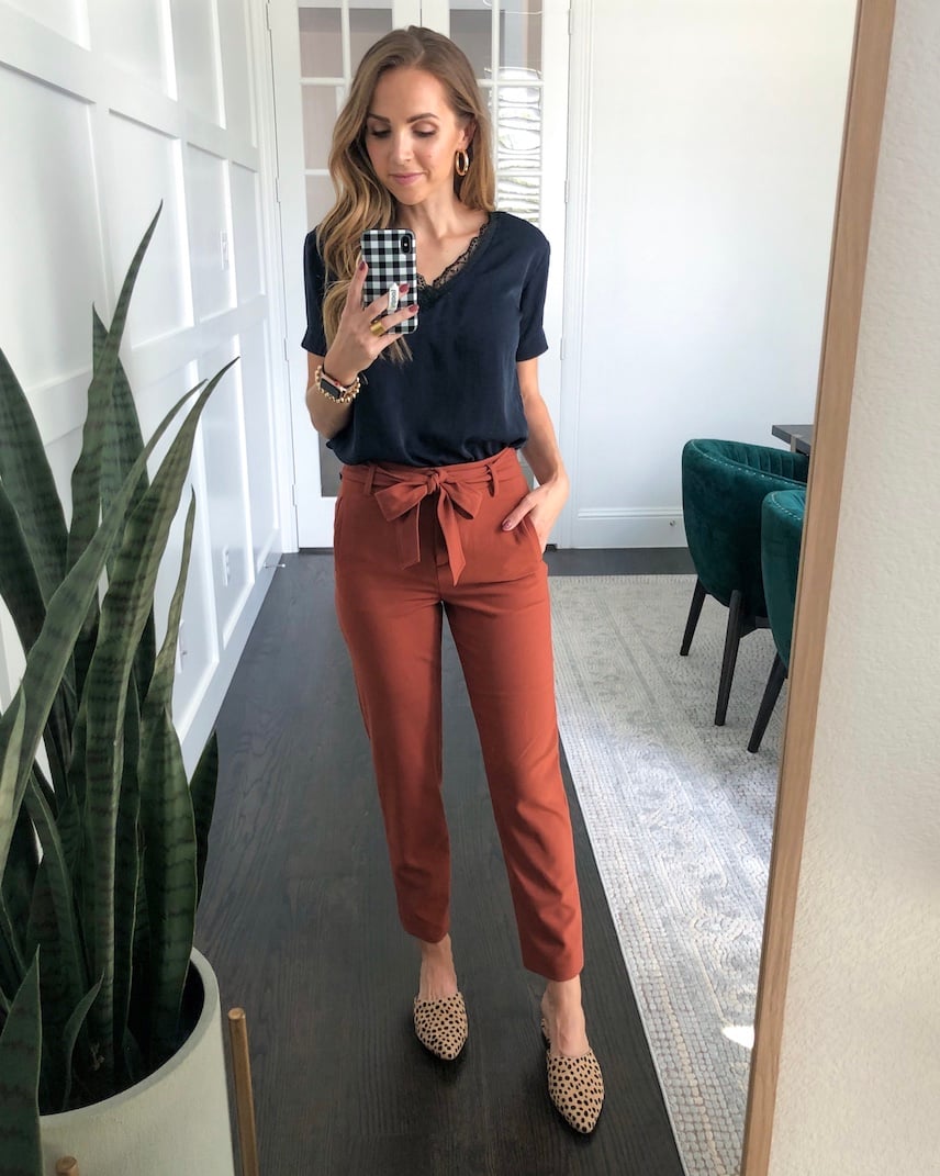 leopard flats with bow pants and black lace top