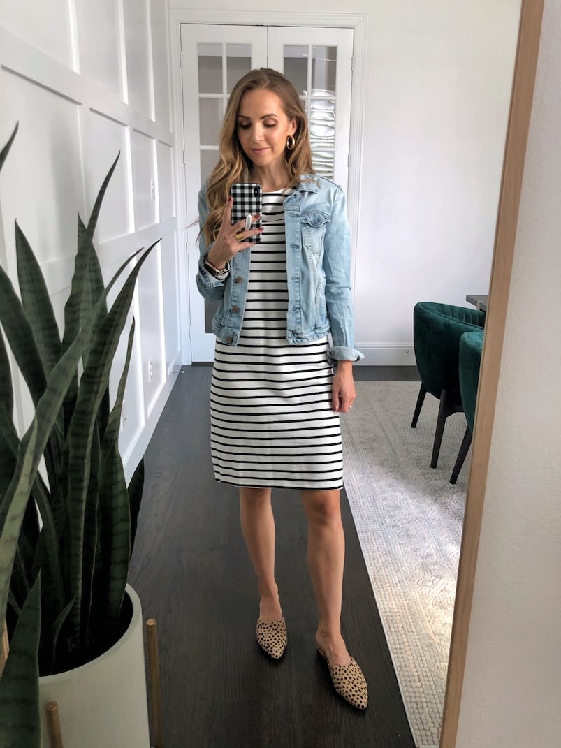 leopard flats and striped dress with denim jacket