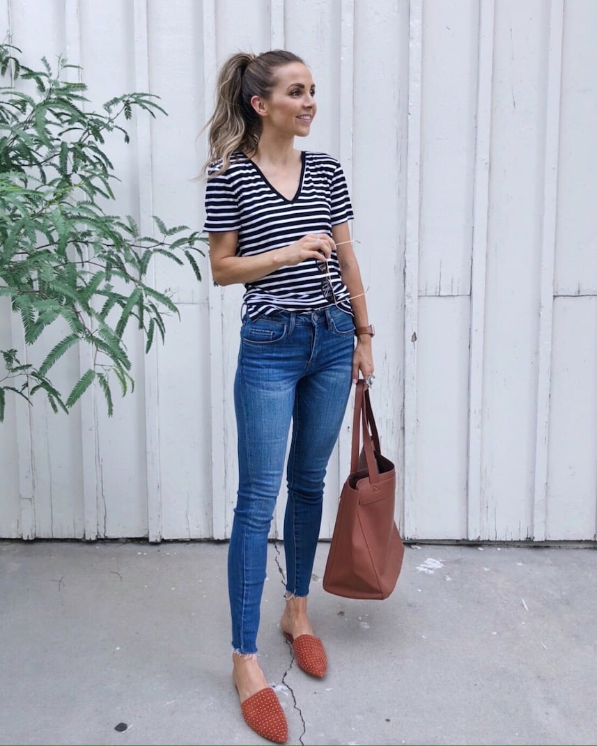 striped v-neck with madewell jeans and studded mules