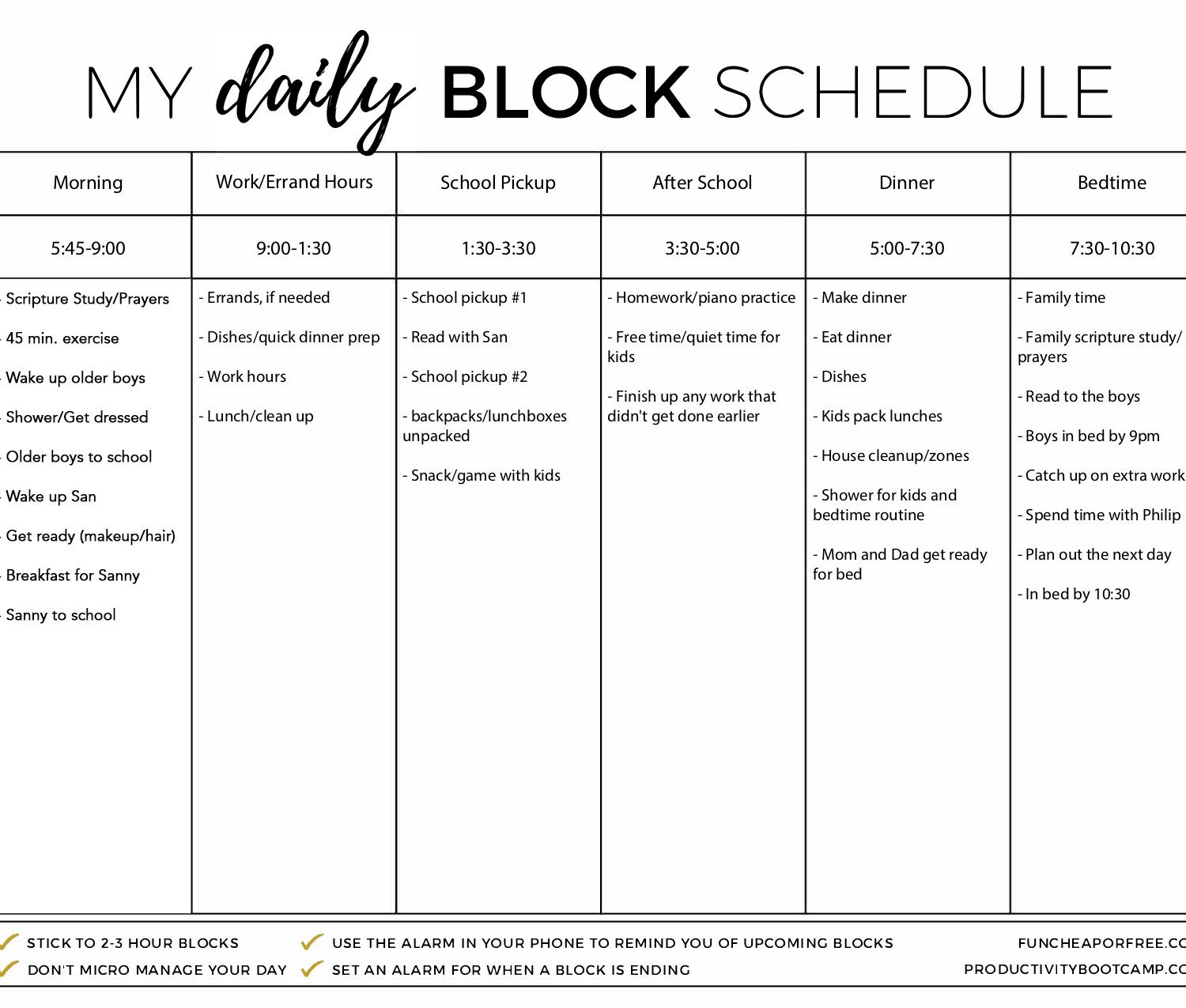 daily block schedule for productivity