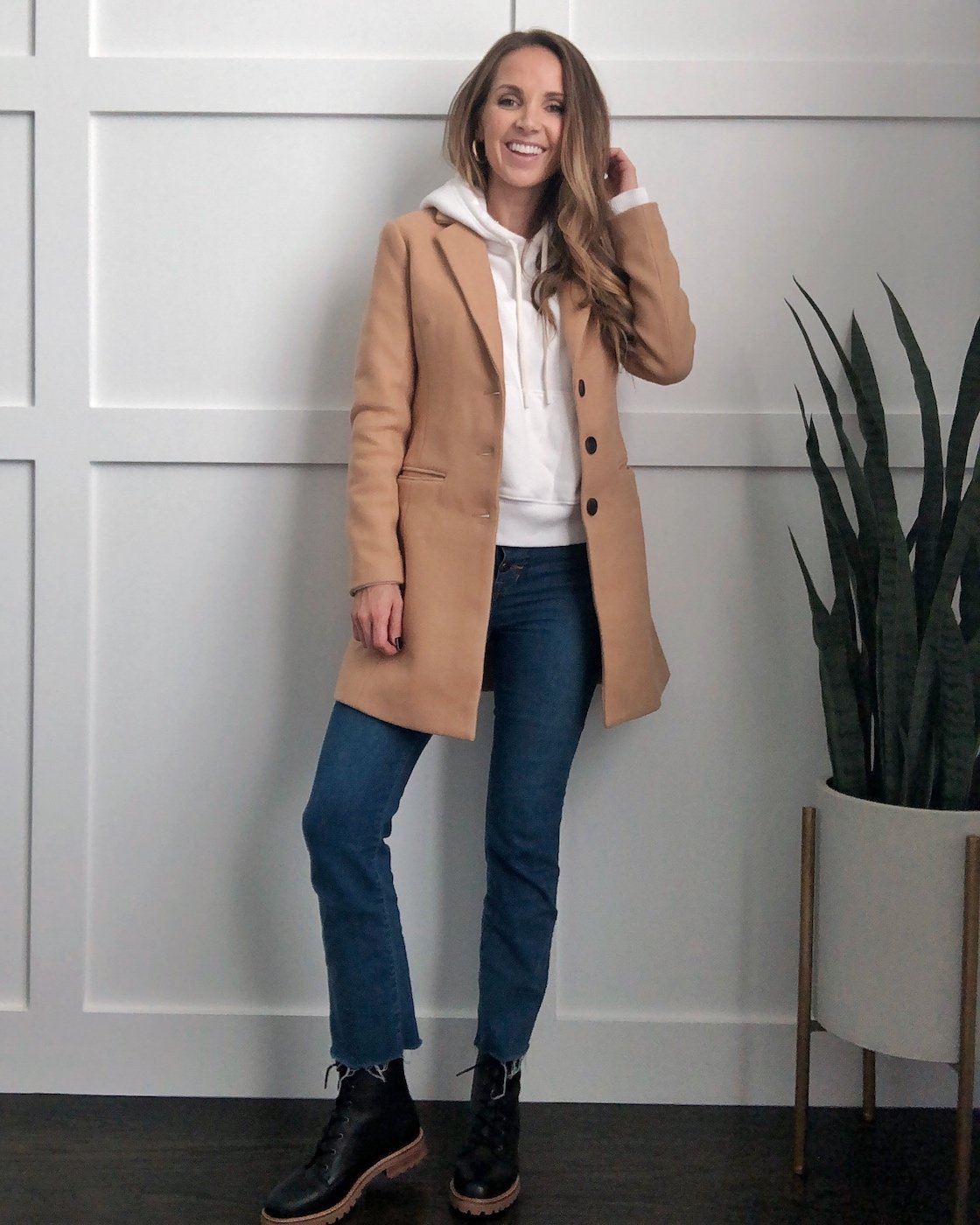 camel coat with cropped flared jeans