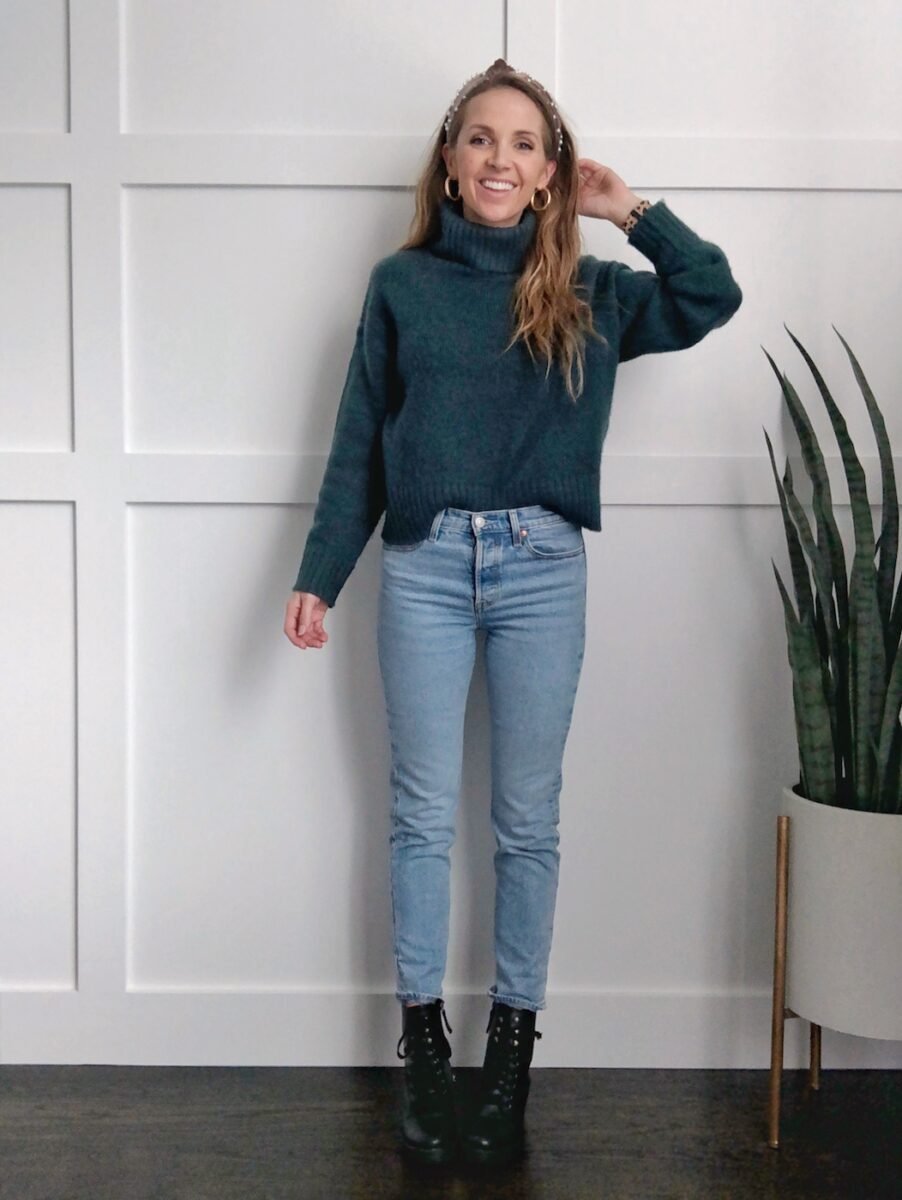 combat boots outfits - mom jeans and sweater