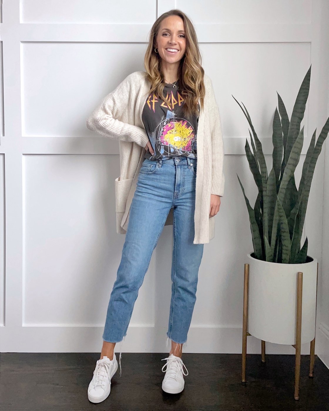 straight leg jeans with cardigan and graphic tee